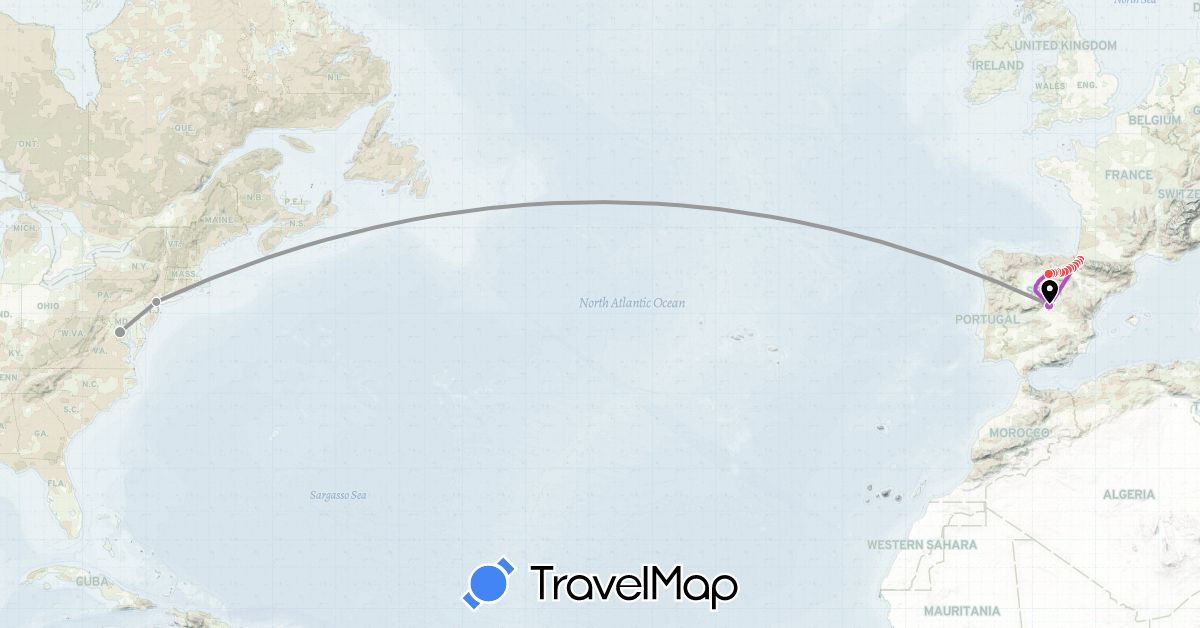 TravelMap itinerary: driving, bus, plane, train, hiking, metro in Spain, France, United States (Europe, North America)